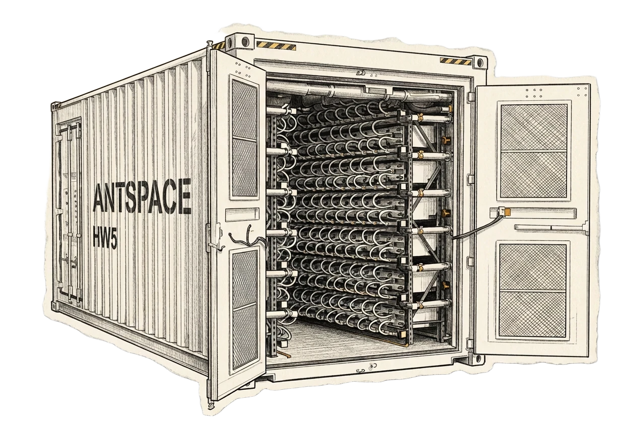 Drawing of the ANTSPACE HW5 container with doors open showing rows of hydro-cooled miner racks