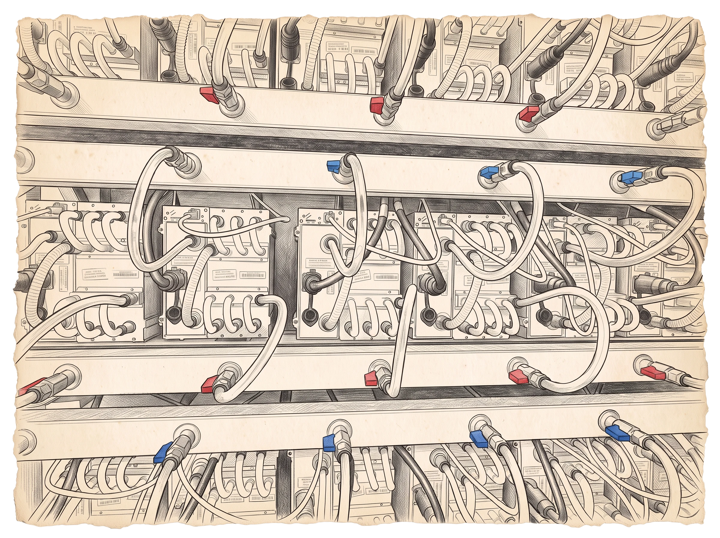 Technical drawing of hydro-cooled miner racks with coolant hoses and red and blue manifold valves