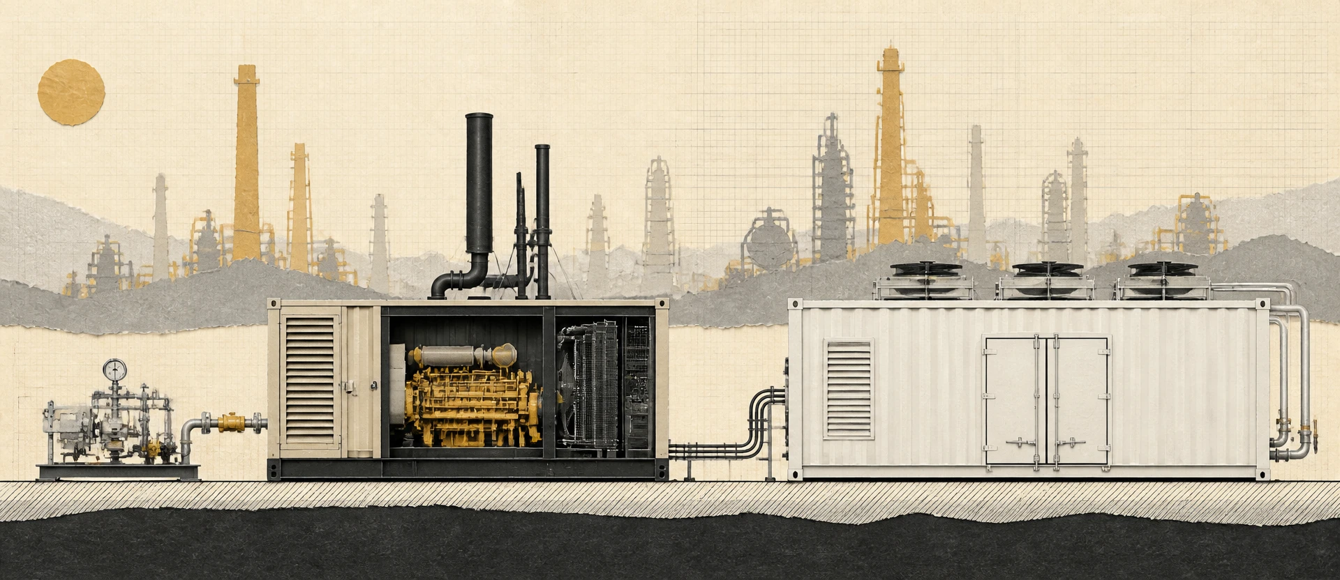Illustrated elevation of the ICMINER site: a natural gas metering skid feeds a containerised CAT gas generator, which powers the ANTSPACE HW5 hydro mining container with roof-mounted dry coolers.